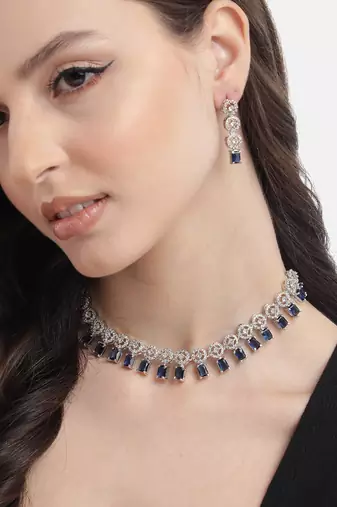 Silver plated blue square stone jewelery set