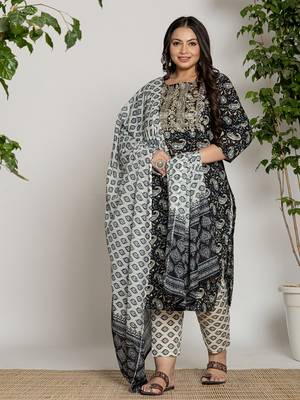  cotton black printed plus size kurta dupatta set 1