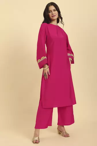  pink silk flared sleeves kurta with palazzo banarasi dupatta set