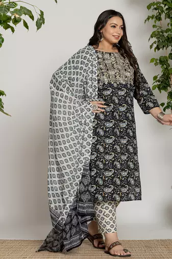  cotton black printed plus size kurta dupatta set