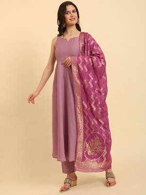  purple silk sleeveless kurta with pant banarasi dupatta set 1
