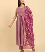  purple silk sleeveless kurta with pant banarasi dupatta set