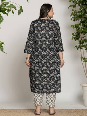  cotton black printed plus size kurta dupatta set 3
