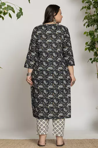  cotton black printed plus size kurta dupatta set