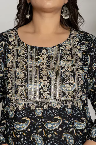  cotton black printed plus size kurta dupatta set