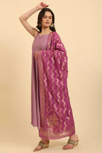  purple silk sleeveless kurta with pant banarasi dupatta set