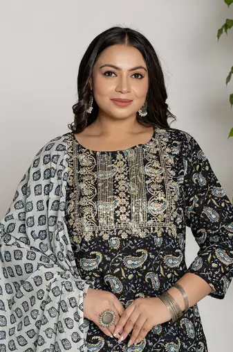  cotton black printed plus size kurta dupatta set