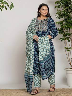  cotton blue printed plus size kurta dupatta set 1