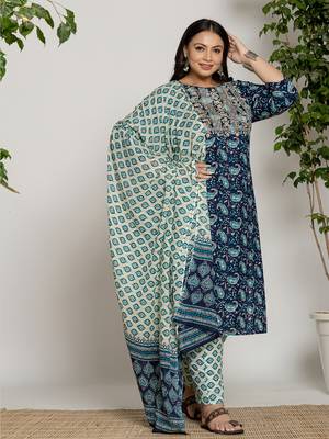  cotton blue printed plus size kurta dupatta set 2