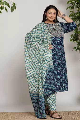  cotton blue printed plus size kurta dupatta set