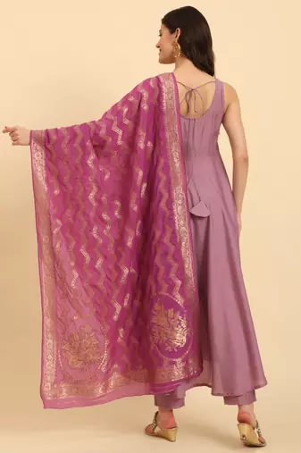  purple silk sleeveless kurta with pant banarasi dupatta set