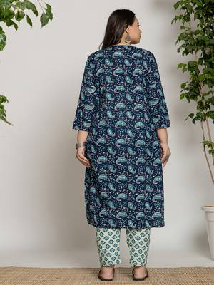  cotton blue printed plus size kurta dupatta set 3