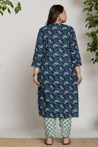  cotton blue printed plus size kurta dupatta set