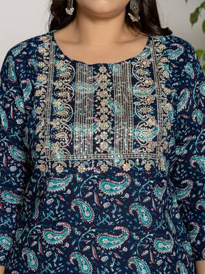  cotton blue printed plus size kurta dupatta set 4