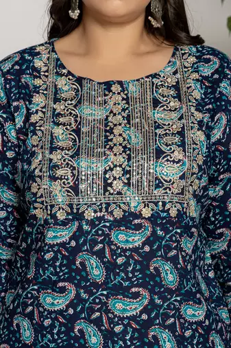  cotton blue printed plus size kurta dupatta set