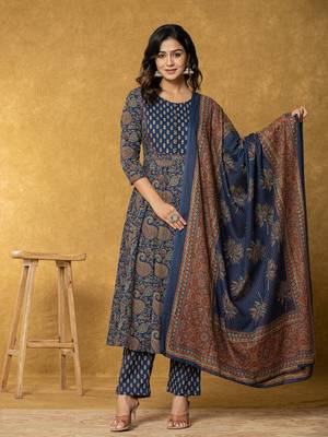  navy blue sequins worky cotton anarkali kurta dupatta set 1