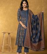  navy blue sequins worky cotton anarkali kurta dupatta set