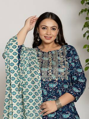  cotton blue printed plus size kurta dupatta set 5