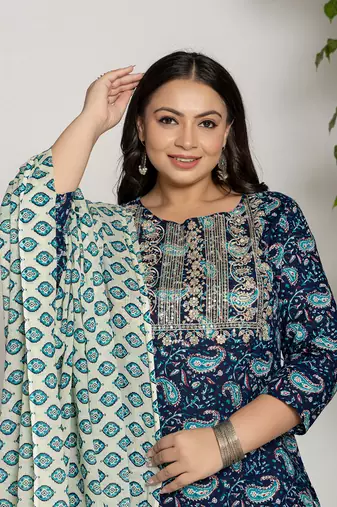  cotton blue printed plus size kurta dupatta set