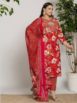  cotton red embroidered plus size kurta dupatta set 1