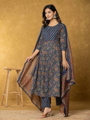  navy blue sequins worky cotton anarkali kurta dupatta set 2