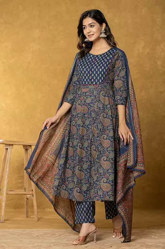  navy blue sequins worky cotton anarkali kurta dupatta set