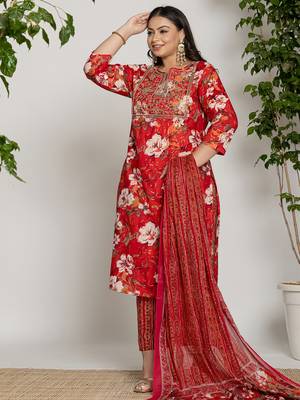  cotton red embroidered plus size kurta dupatta set 2