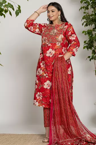  cotton red embroidered plus size kurta dupatta set