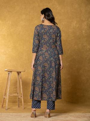  navy blue sequins worky cotton anarkali kurta dupatta set 3