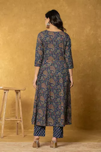  navy blue sequins worky cotton anarkali kurta dupatta set