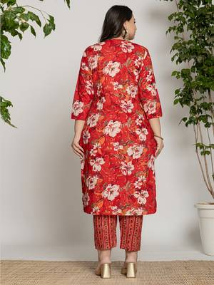  cotton red embroidered plus size kurta dupatta set 3