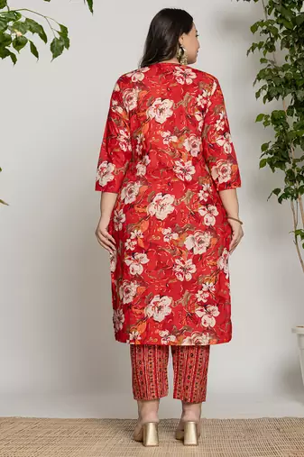  cotton red embroidered plus size kurta dupatta set