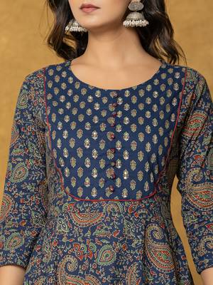  navy blue sequins worky cotton anarkali kurta dupatta set 4