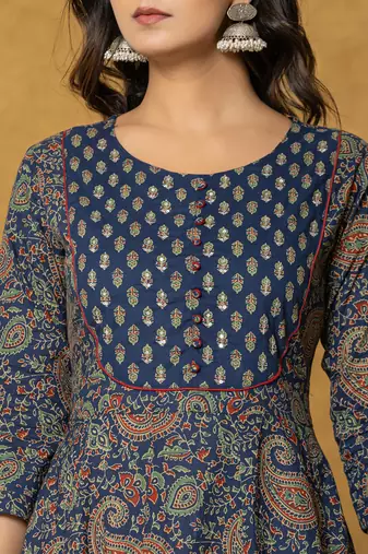  navy blue sequins worky cotton anarkali kurta dupatta set