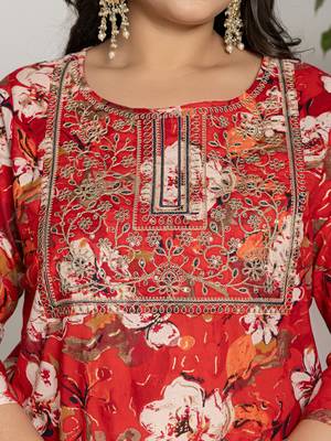  cotton red embroidered plus size kurta dupatta set 4