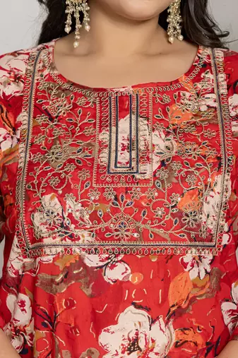  cotton red embroidered plus size kurta dupatta set
