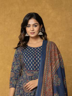  navy blue sequins worky cotton anarkali kurta dupatta set 5