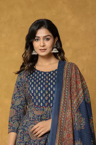  navy blue sequins worky cotton anarkali kurta dupatta set