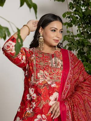  cotton red embroidered plus size kurta dupatta set 5