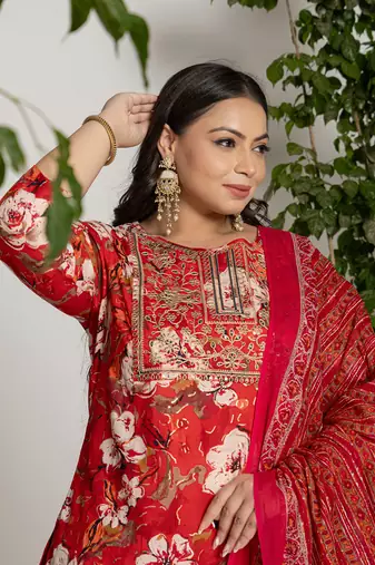  cotton red embroidered plus size kurta dupatta set