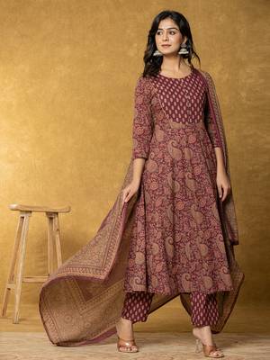  burgundy sequins work cotton anarkali kurta dupatta set 1