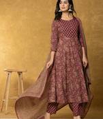  burgundy sequins work cotton anarkali kurta dupatta set