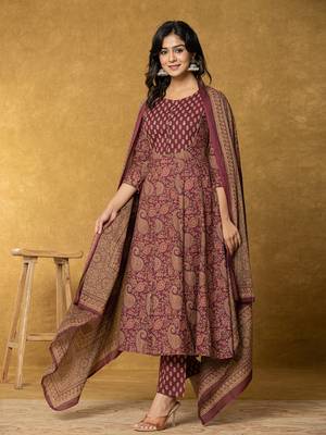  burgundy sequins work cotton anarkali kurta dupatta set 2
