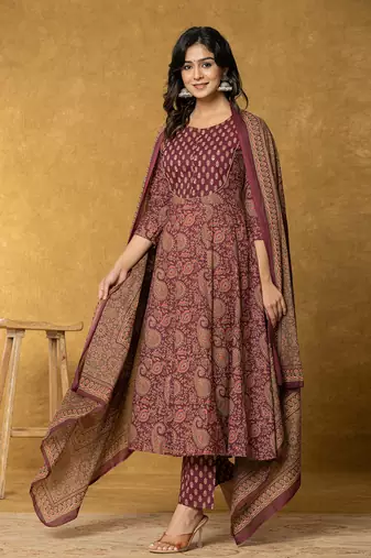  burgundy sequins work cotton anarkali kurta dupatta set