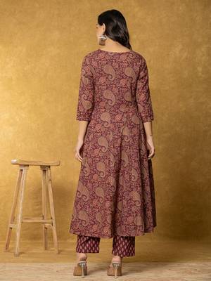  burgundy sequins work cotton anarkali kurta dupatta set 3