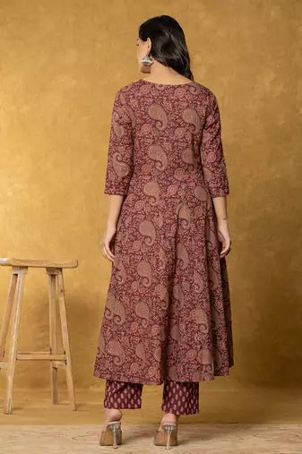  burgundy sequins work cotton anarkali kurta dupatta set