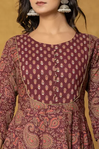  burgundy sequins work cotton anarkali kurta dupatta set