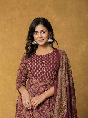  burgundy sequins work cotton anarkali kurta dupatta set 5