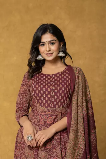  burgundy sequins work cotton anarkali kurta dupatta set