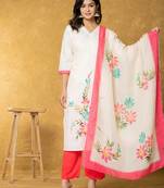  cream linen floral kurta dupatta pant set